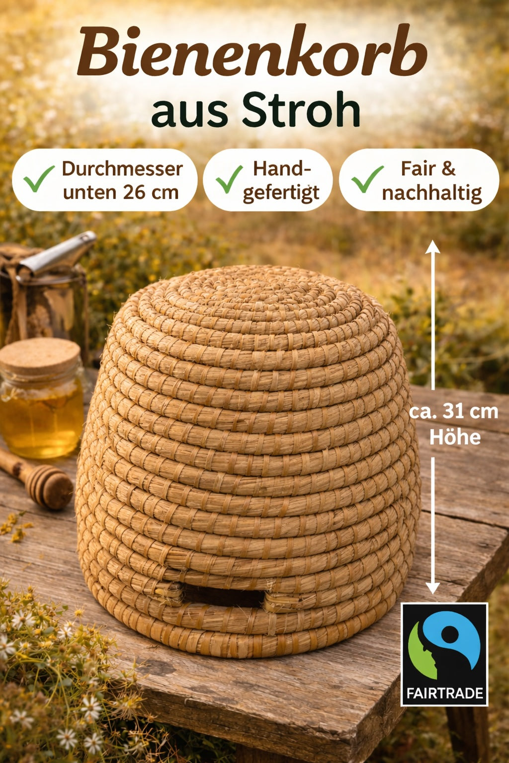 Beehive different sizes made of straw 26cm-35cm - handmade Fairtrade