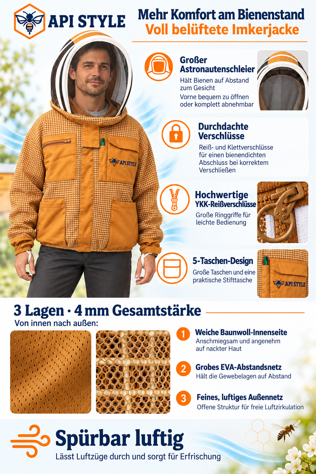 Veste d'apiculteur API STYLE marron – veste d'apiculteur unisexe entièrement ventilée avec voile d'astronaute