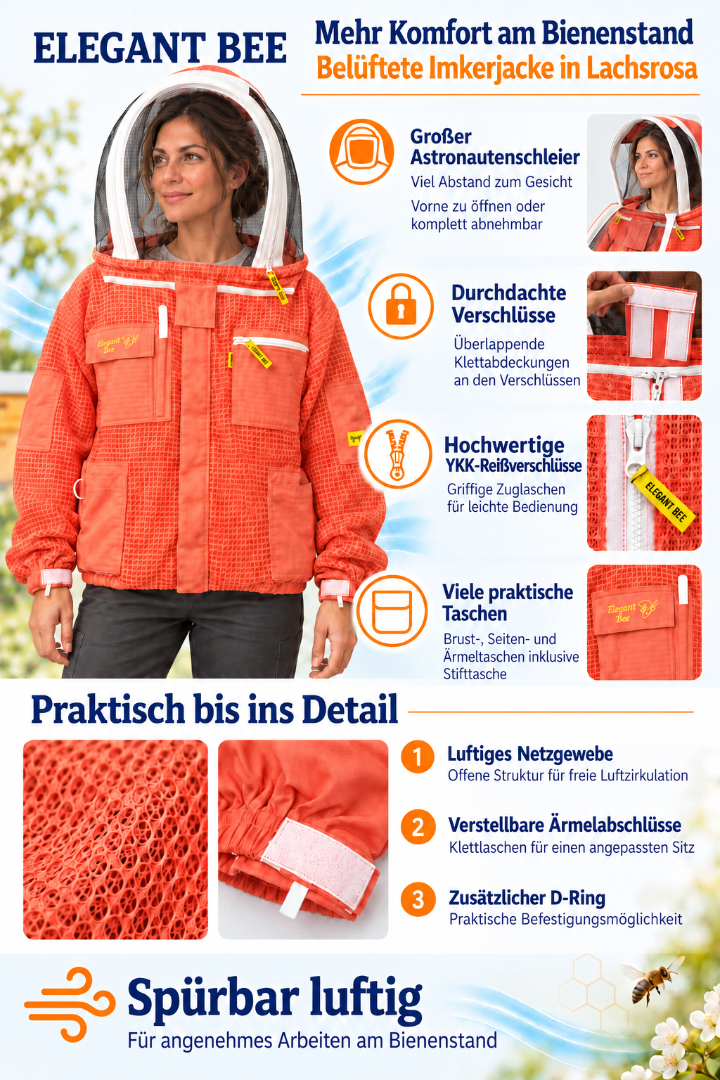 Elegant Bee Imkerjacke Lachsrosa – belüftete Unisex-Imkerjacke mit Astronautenschleier