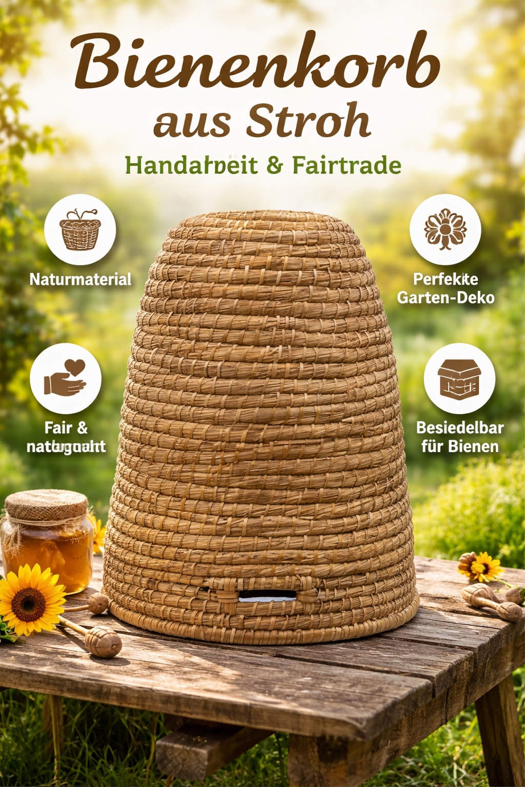 Beehive made of straw 40cm - handmade Fairtrade
