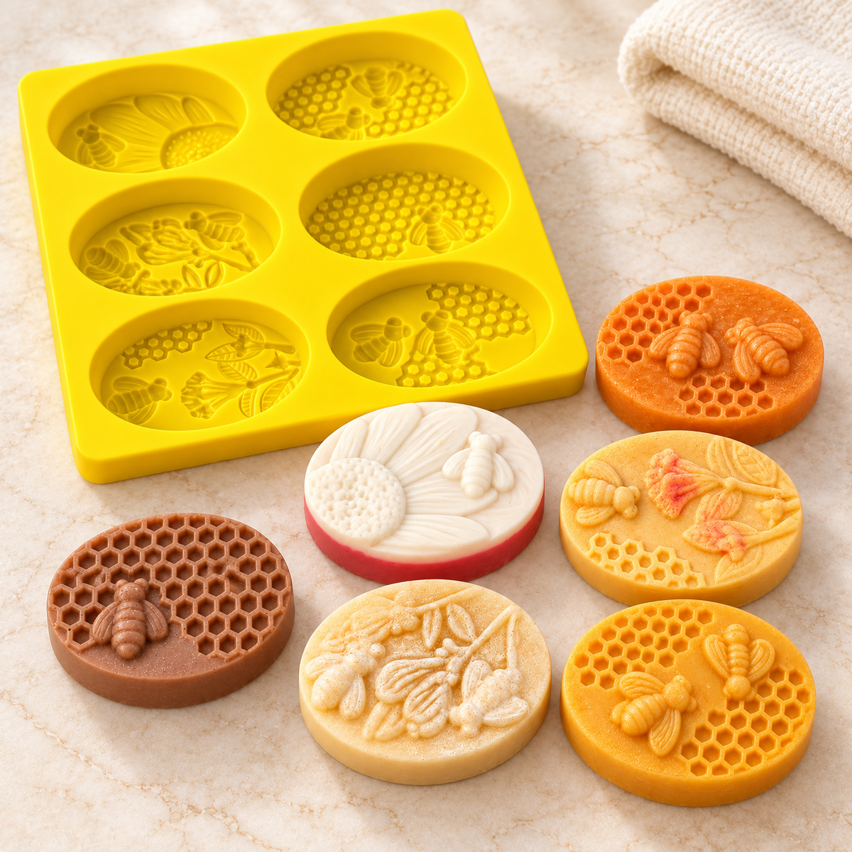 Seifenform Bienen & Waben aus Silikon – 6 ovale Mulden mit Bienen- und Blumenmotiven Mehrfachform Seifengießform