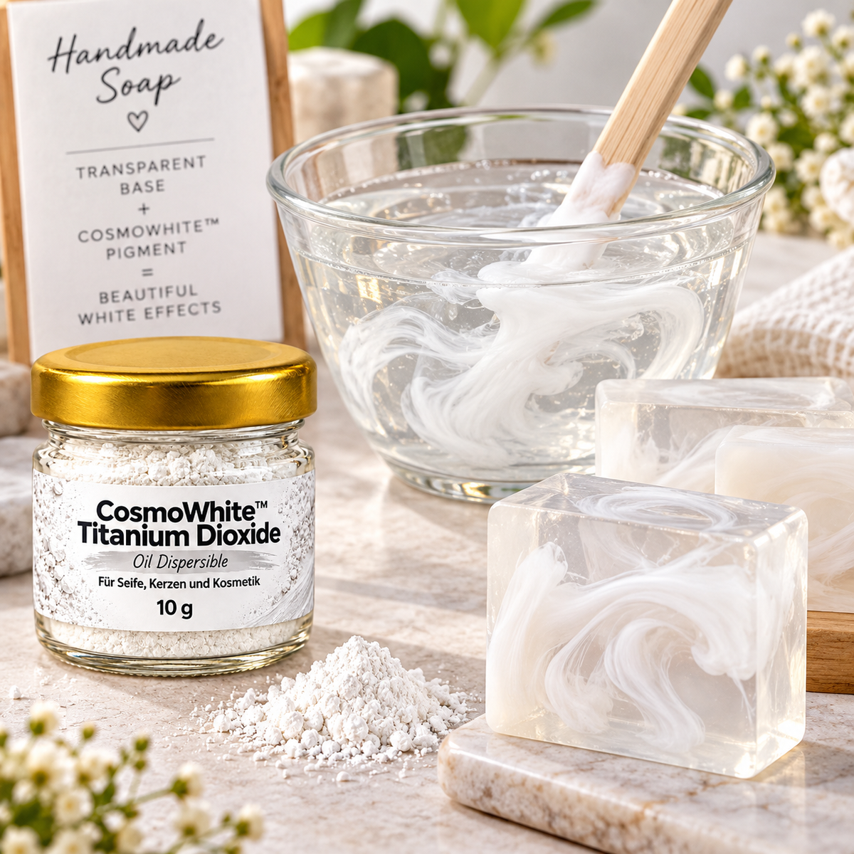 Colorant blanc pour savon – pigment de dioxyde de titane pour savon, bougies et cosmétique | CosmoWhite™