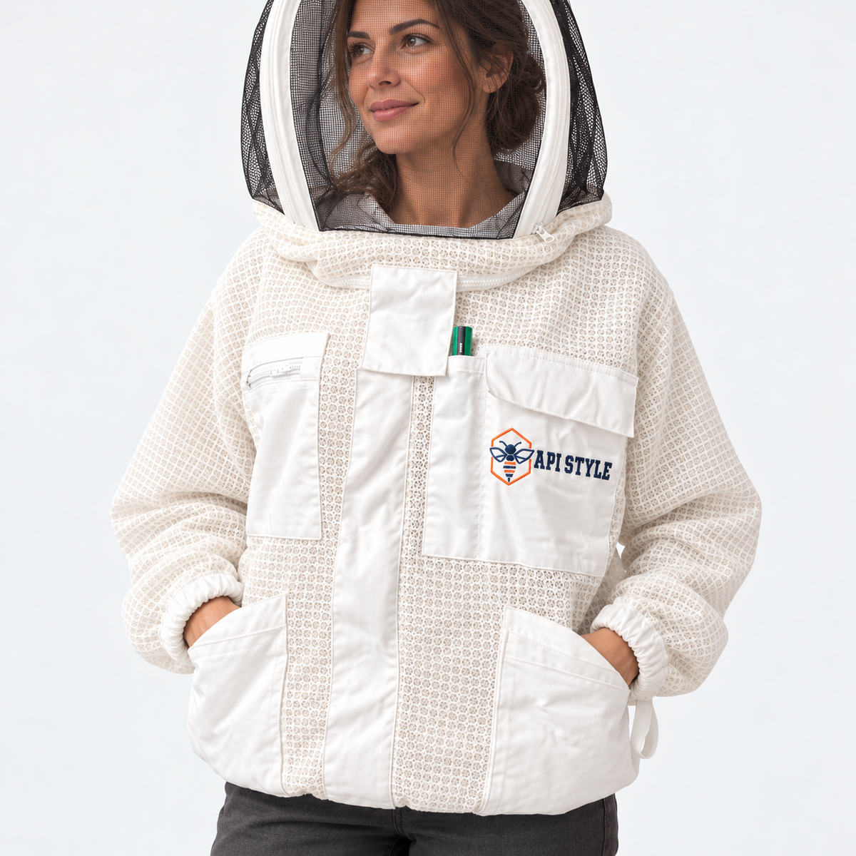 API STYLE Imkerjacke Unisex Weiss – voll belüftet mit 3-Lagen-Gewebe und abnehmbarem Astronautenschleier