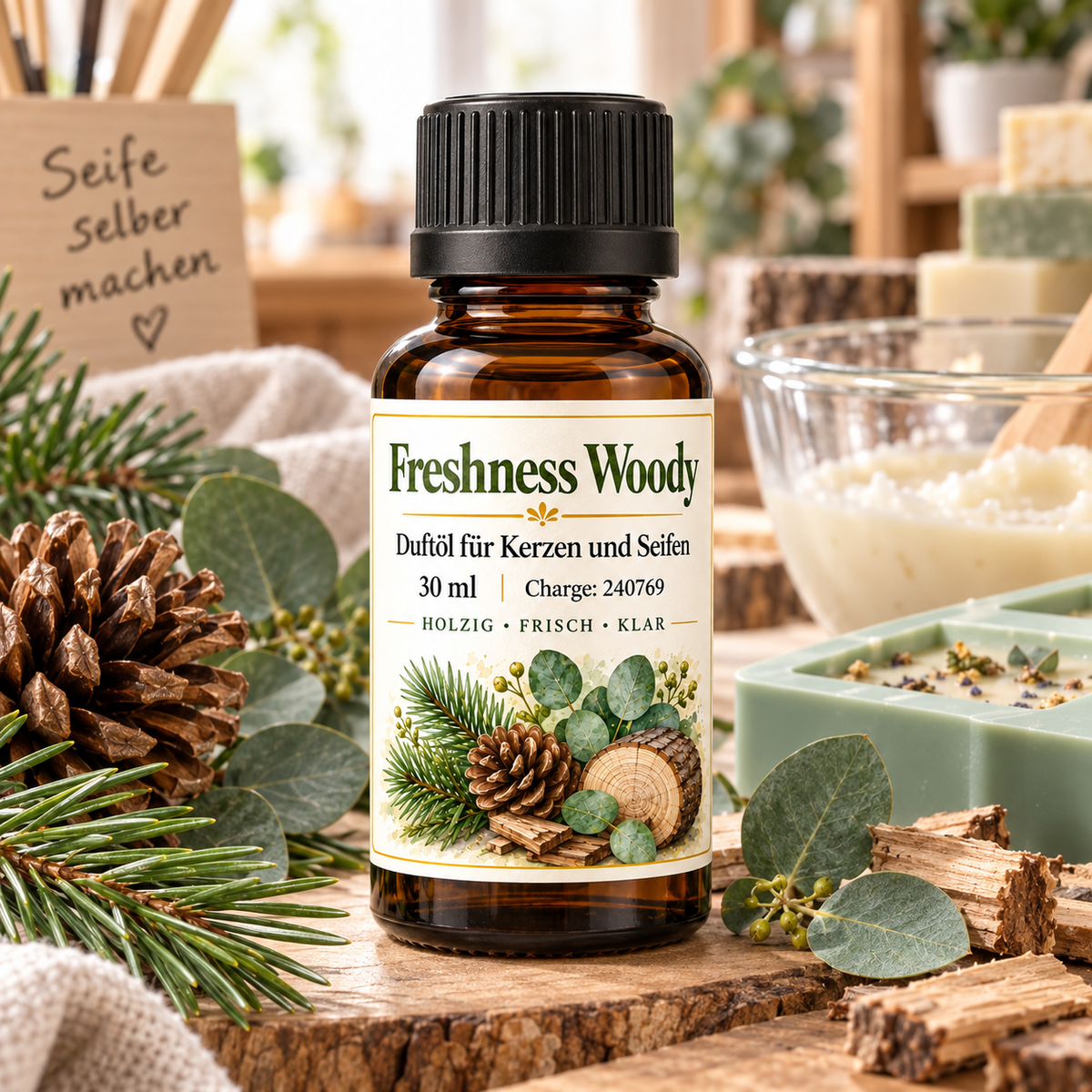 Huile parfumée Freshness Woody 30 ml – parfum boisé et frais pour bougies & savons