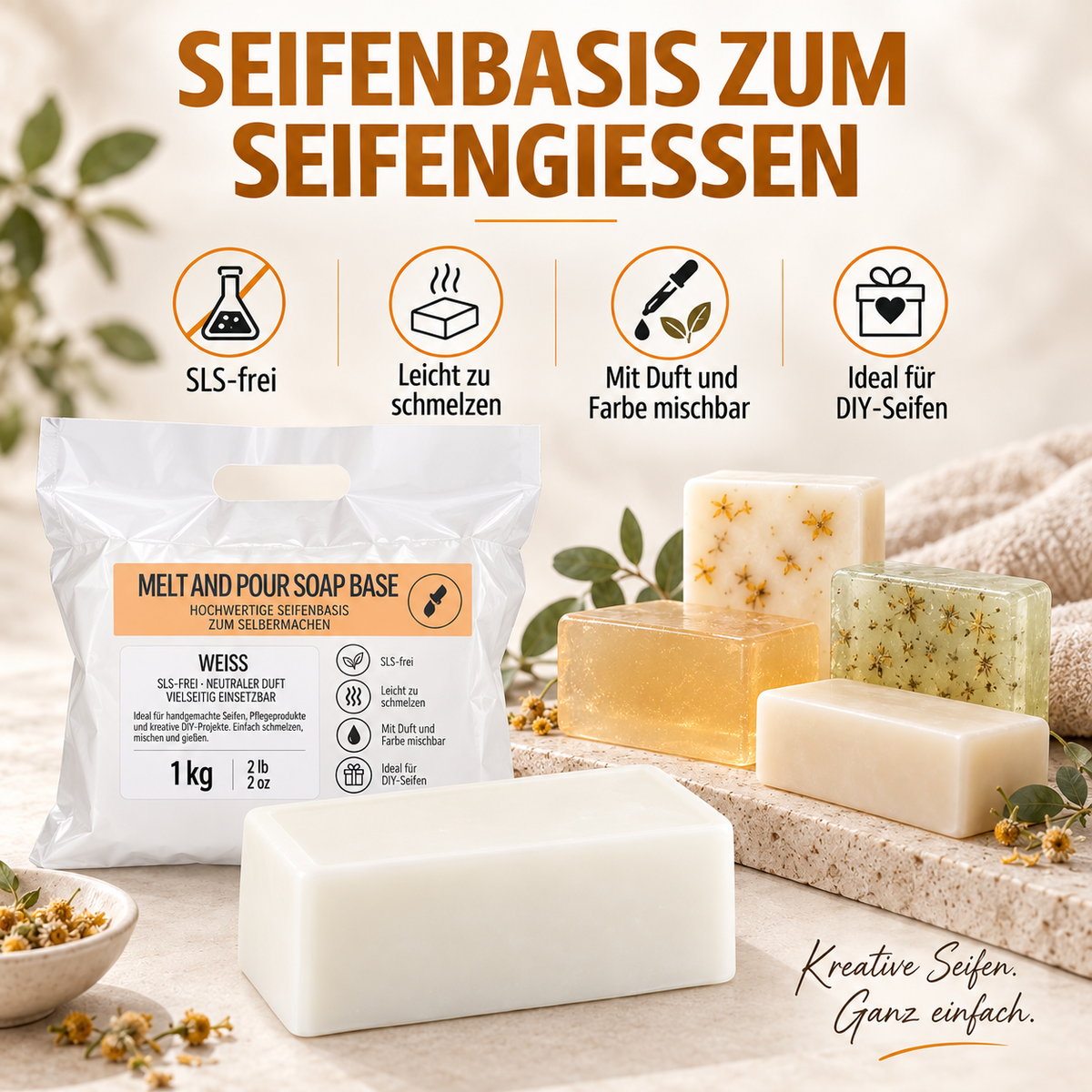 Weiße Seifenbasis 1 kg – Gießseife / Rohseife zum Seifengießen | Glycerin-Seifenbasis