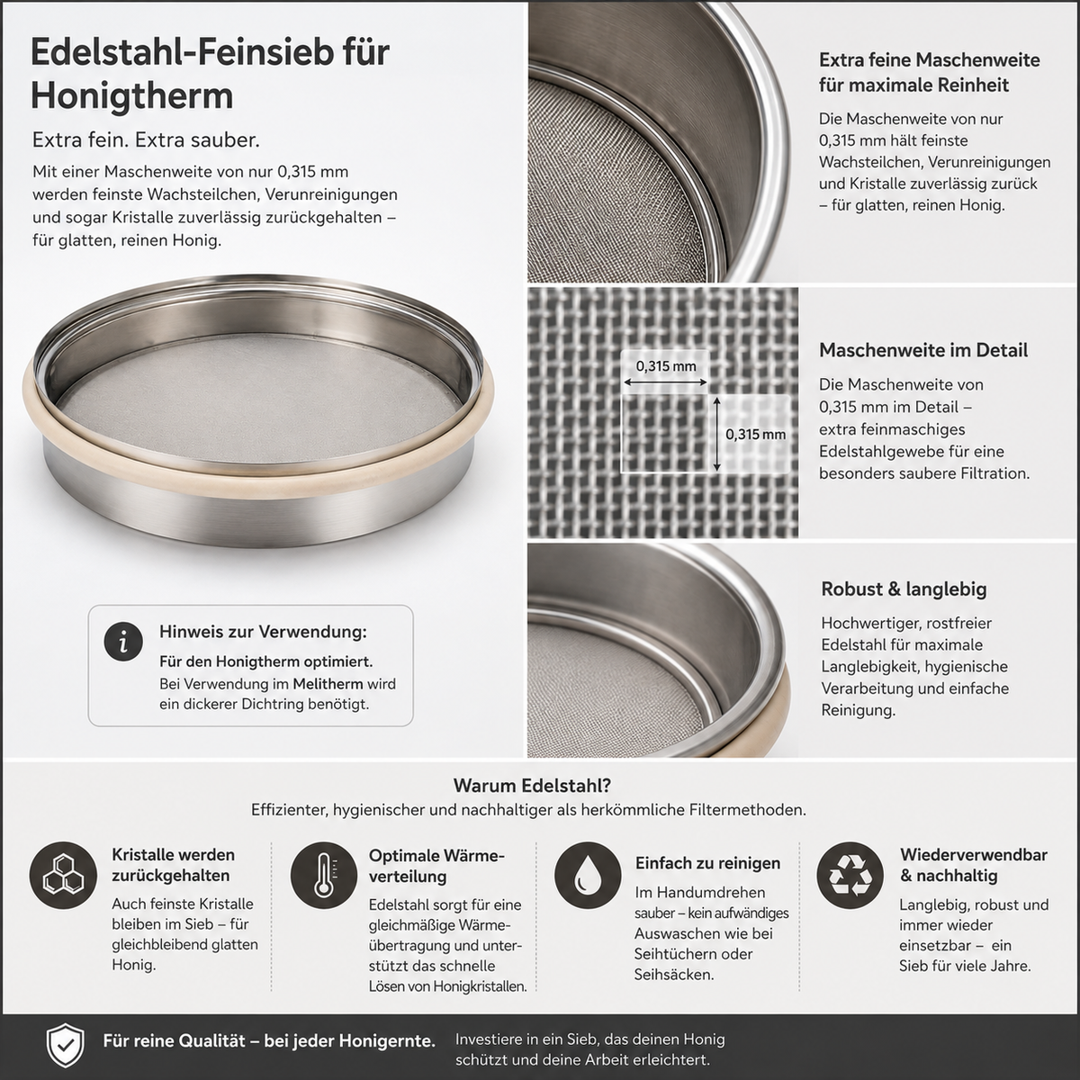 Edelstahl-Feinsieb für Honigtherm – 0,315 mm Maschenweite Siebring