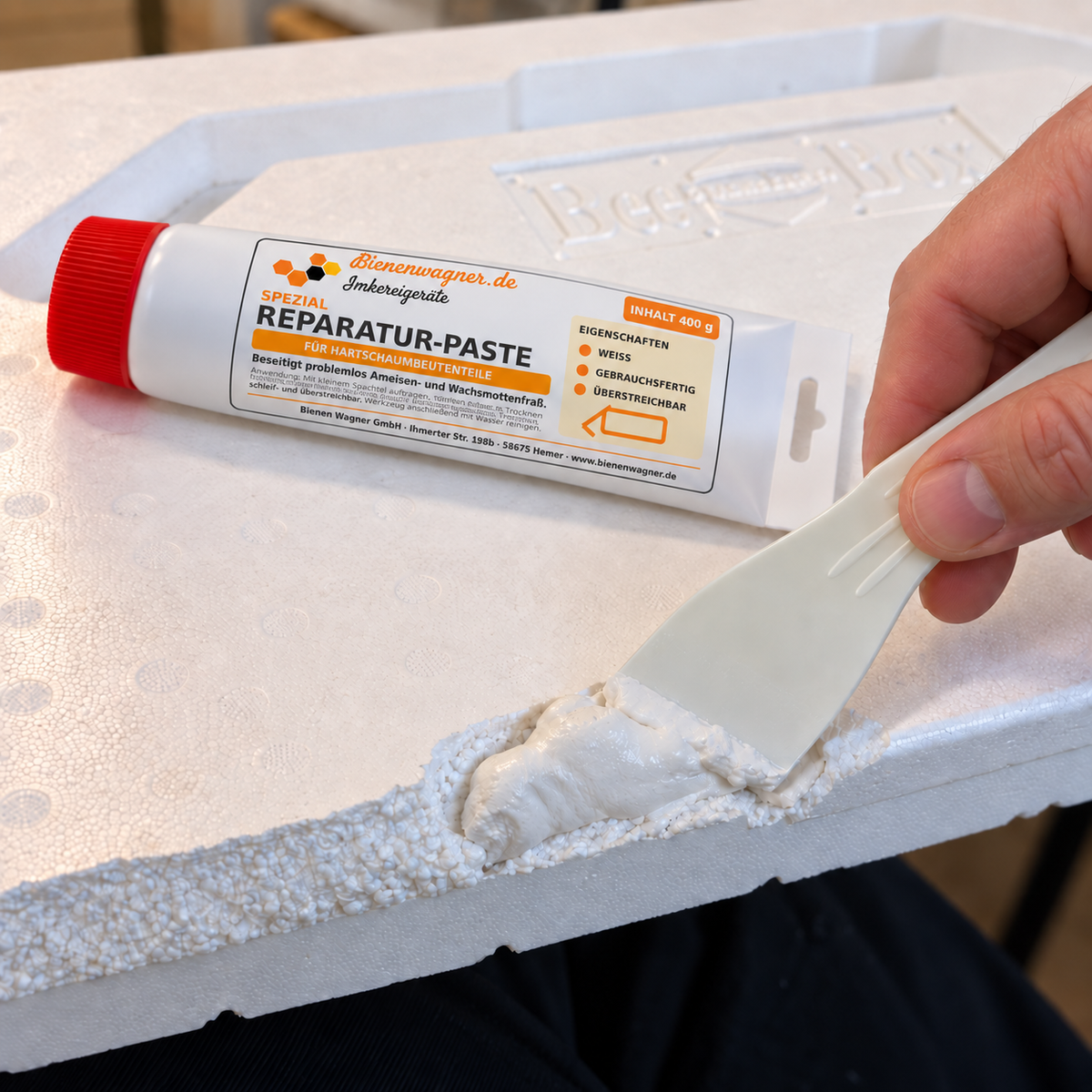 Pâte de réparation pour ruches en mousse rigide 400 g | BienenWagner Réparation de ruches en polystyrène