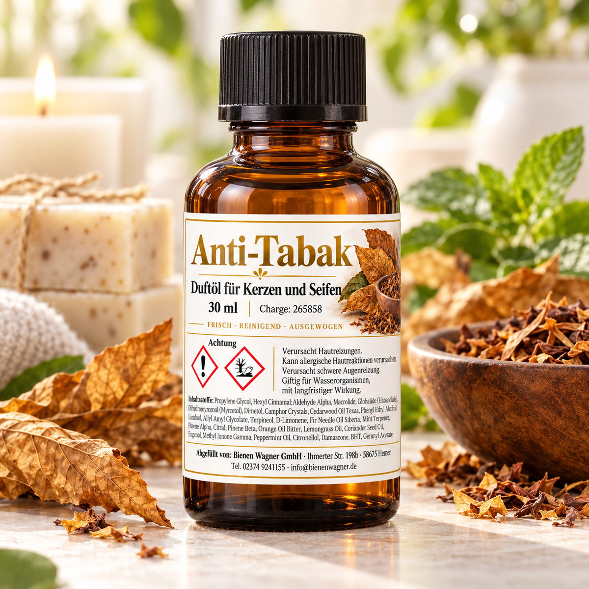 Huile parfumée anti-tabac 30 ml – parfum frais pour bougies & savons 