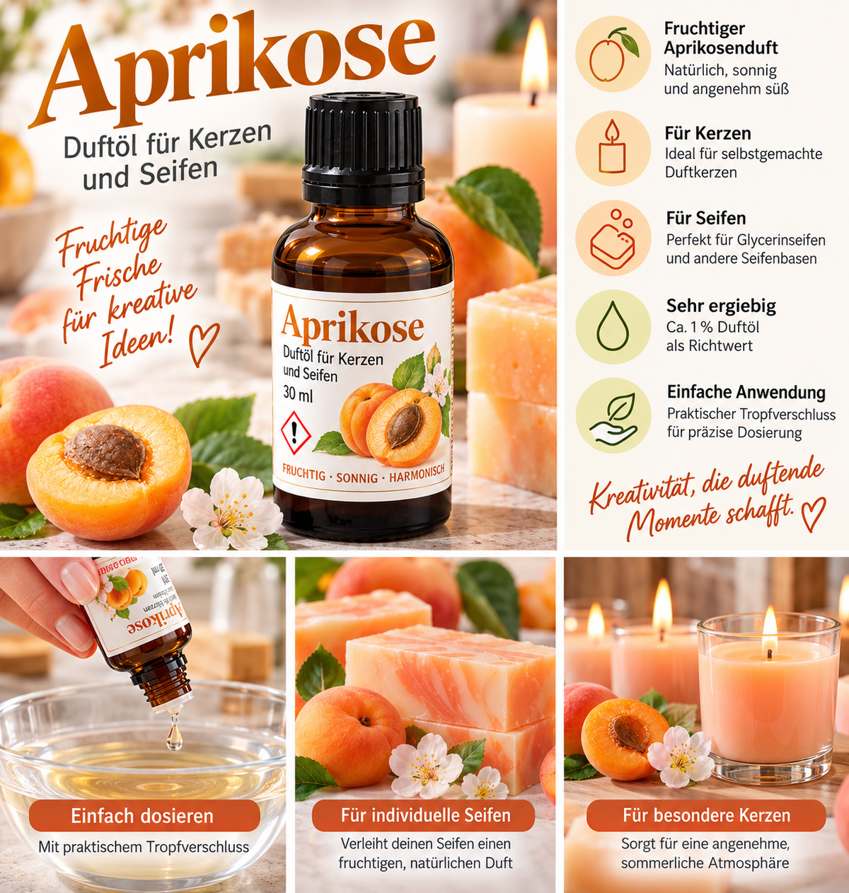 Apricot Fragrance Oil 30 ml – fruity fragrance for candles & soaps 