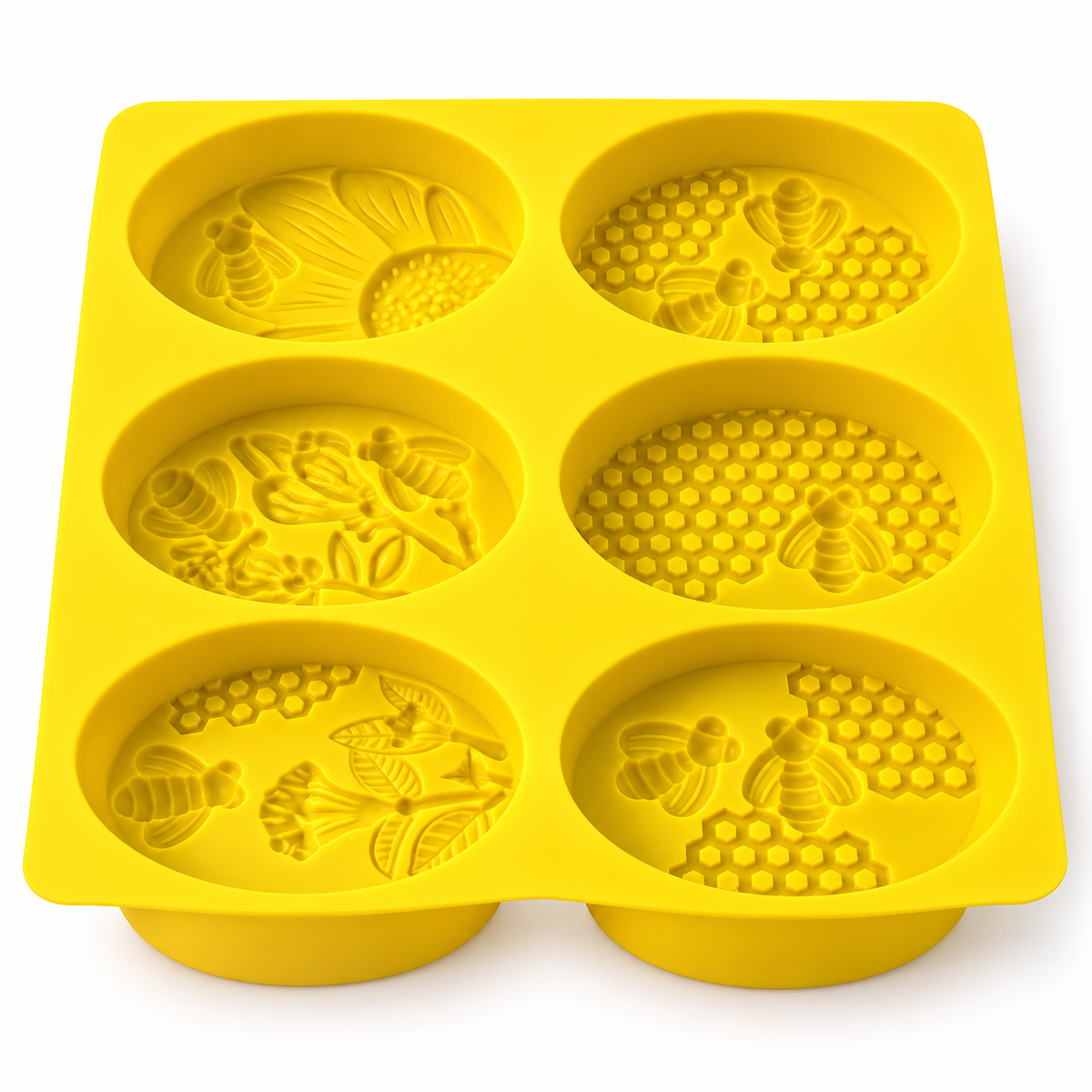 Seifenform Bienen & Waben aus Silikon – 6 ovale Mulden mit Bienen- und Blumenmotiven Mehrfachform Seifengießform