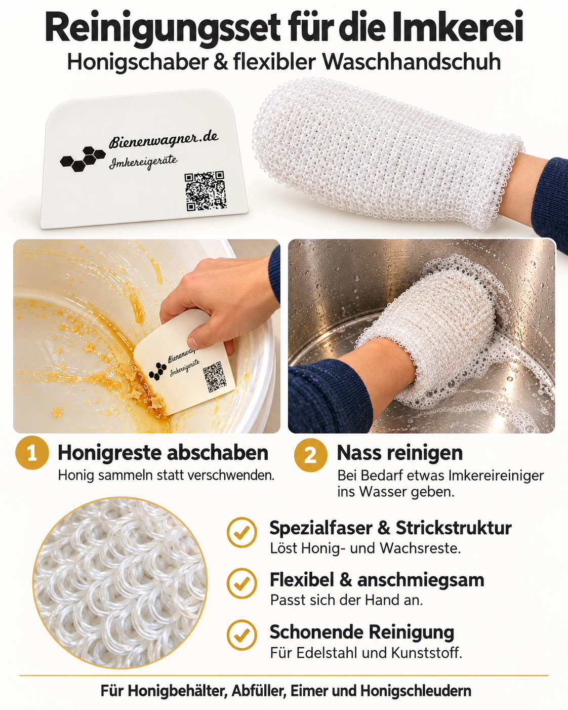 Cleaning set for beekeepers – wash glove &amp; honey scraper for stainless steel and plastic 