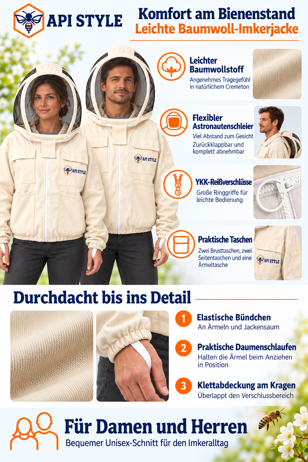 API STYLE Beekeeping Jacket Natural – lightweight cotton jacket with detachable veil for women and men 
