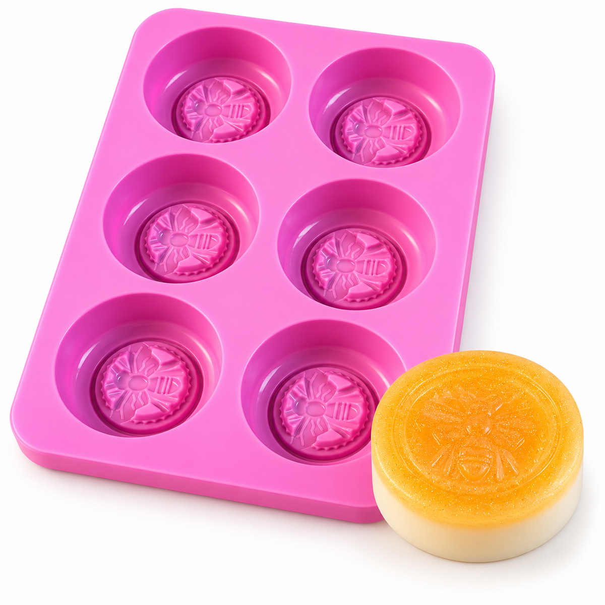 Bee Silicone Soap Mold – 6 round cavities for honey soap & glycerin soap multi-cavity soap casting mold 