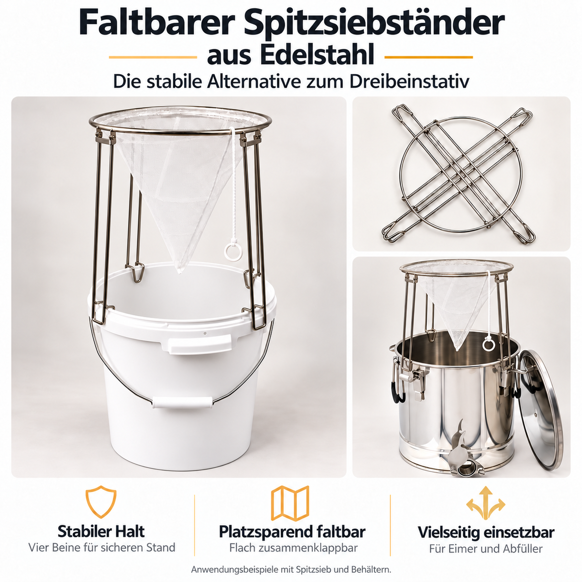 Supporto pieghevole per filtro conico in acciaio inox – robusto supporto per filtro per secchi per miele e maturatori/riempitrici, treppiede per filtro conico 
