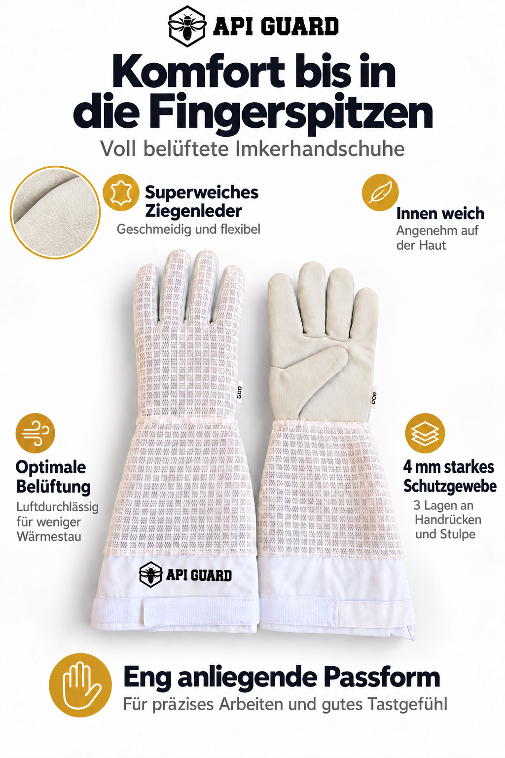 Beekeeping gloves made of sheepskin with 3-layer white mesh fabric (Copy) 