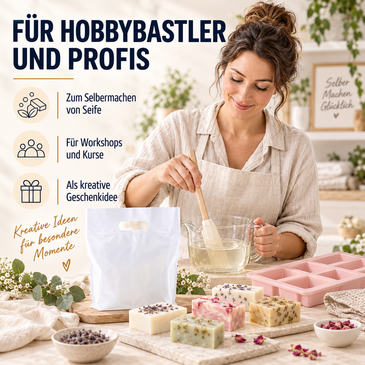 Ziegenmilch Seifenbasis 1 kg – weiße Glycerin-Rohseife zum Seifengießen