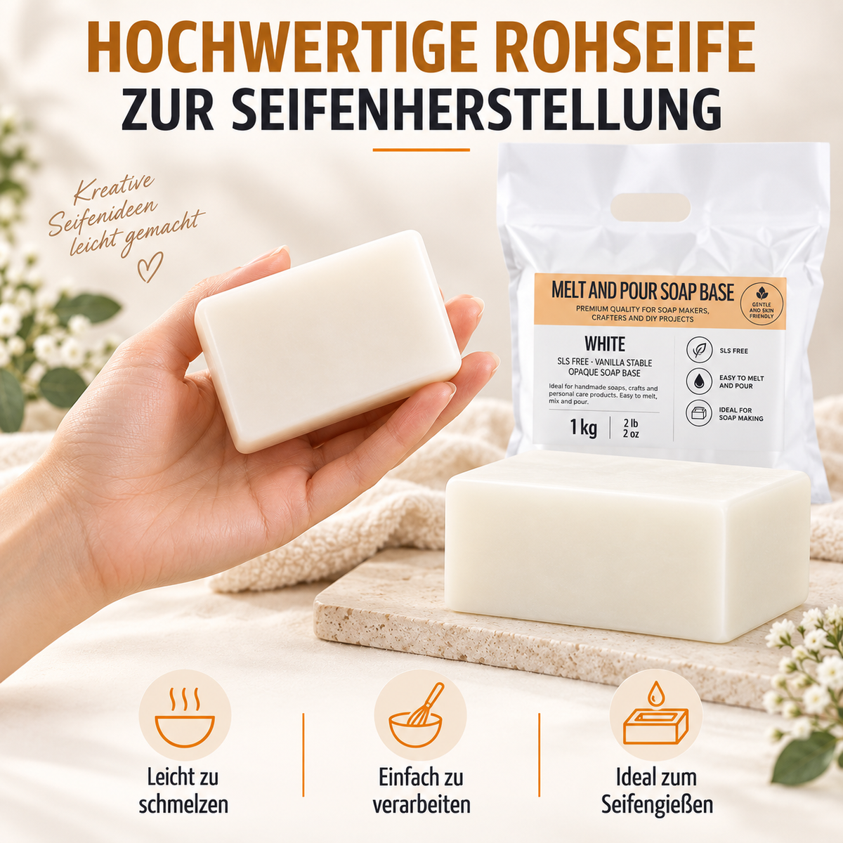 White Melt &amp; Pour Soap Base – 1 kg | Vegan, palm oil-free & easy to process 