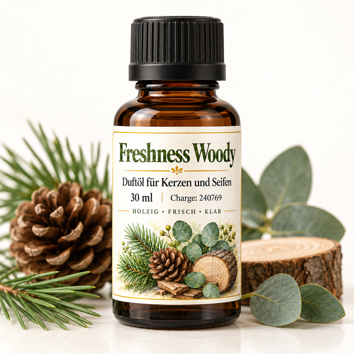 Huile parfumée Freshness Woody 30 ml – parfum boisé et frais pour bougies & savons 