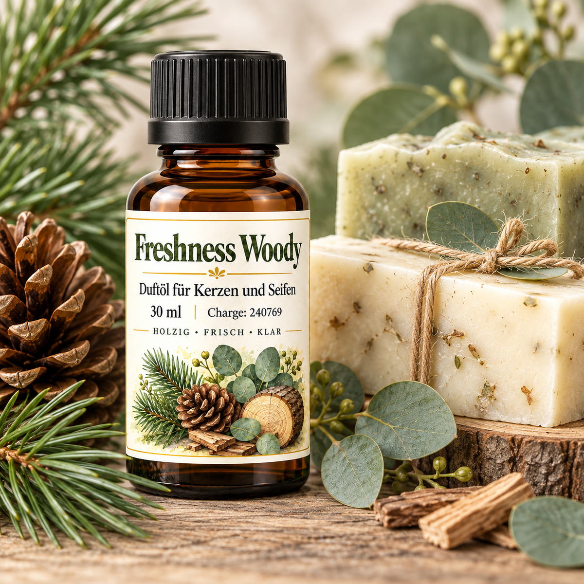Huile parfumée Freshness Woody 30 ml – parfum boisé et frais pour bougies & savons 