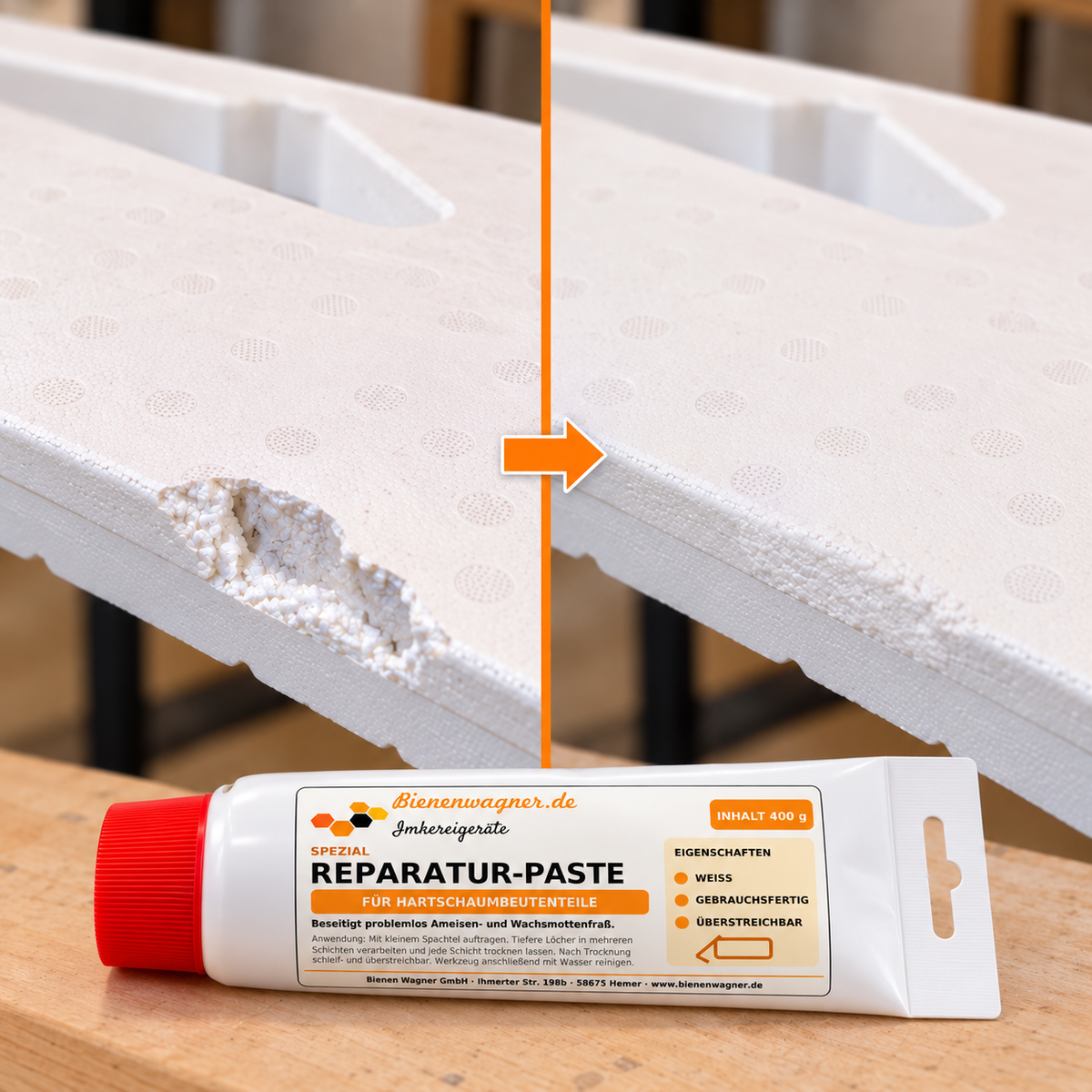 Pâte de réparation pour ruches en mousse rigide 400 g | BienenWagner Réparation de ruches en polystyrène 