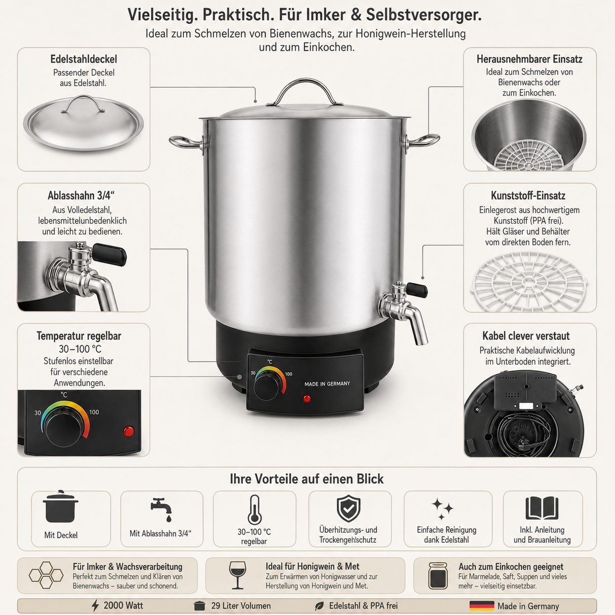 Electric stainless steel cooking and wax melting kettle – 29 litres, 2000 watts 